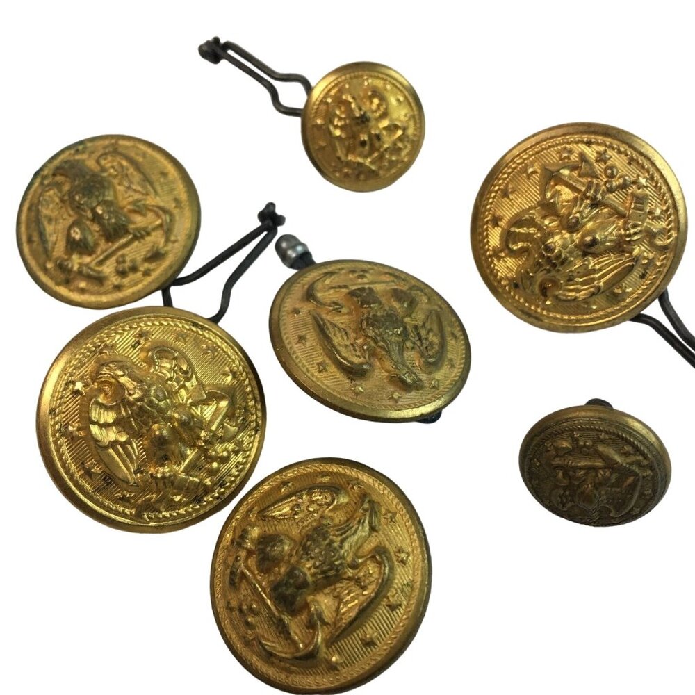Waterbury Military Uniform Brass Buttons WWII Era Lot 7 Pieces Vintage u